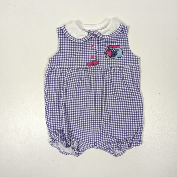 Vintage Small Steps Bubble Romper Girls Size 12m Purple Gingham Fish - Picture 1 of 4